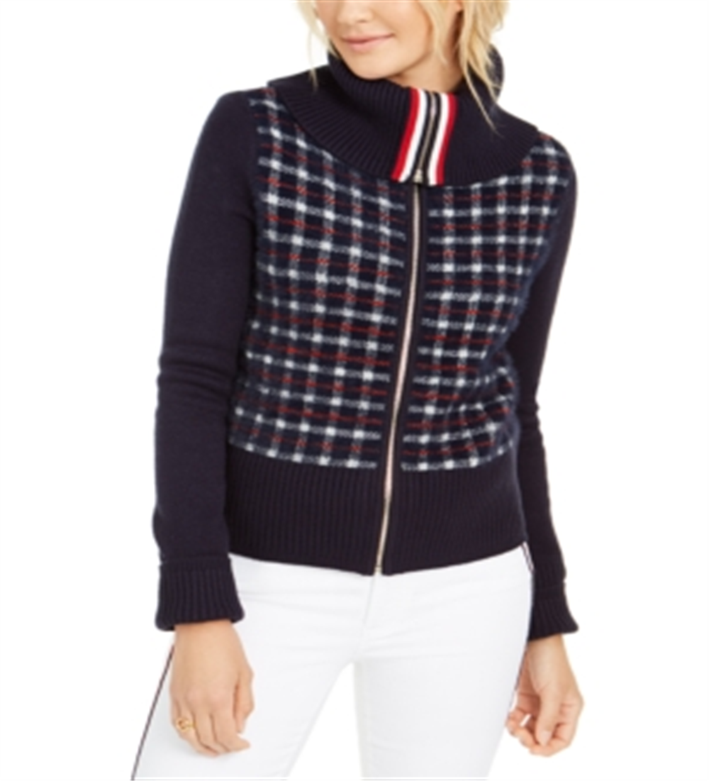 Tommy Hilfiger Women's Plaid Sweater Jacket Navy Size M