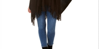 Ribbed Fringe Ruana Wrap -Black One Size