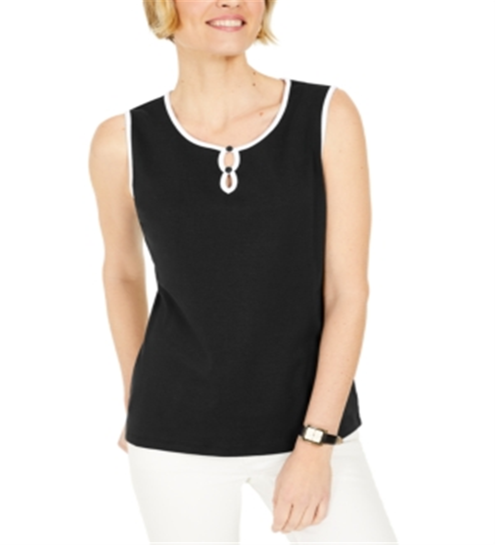 Karen Scott Women's Tipped Keyhole Tank  Black Size Small