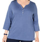 Karen Scott Women's Plus Heathered V-Neck Henley Top Blue Size 1X