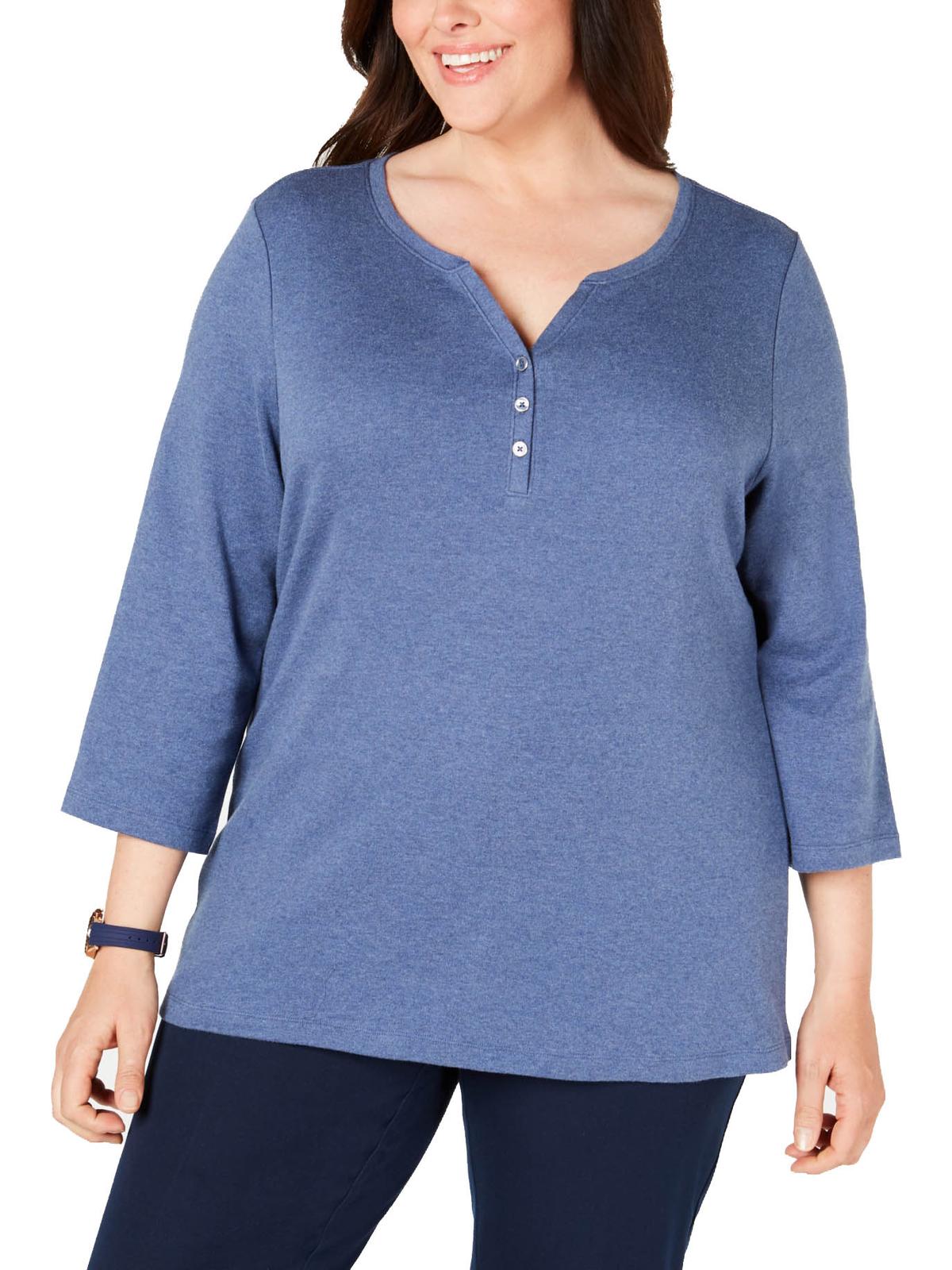 Karen Scott Women's Plus Heathered V-Neck Henley Top Blue Size 1X