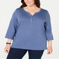 Karen Scott Women's Plus Heathered V-Neck Henley Top Blue Size 1X