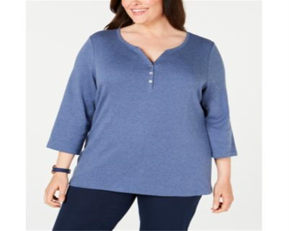 Karen Scott Women's Plus Heathered V-Neck Henley Top Blue Size 1X