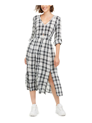American Rag Women's  Windowpane Plaid Long Sleeve with Buttons Maxi Shirt Dress Dress  White Size Small