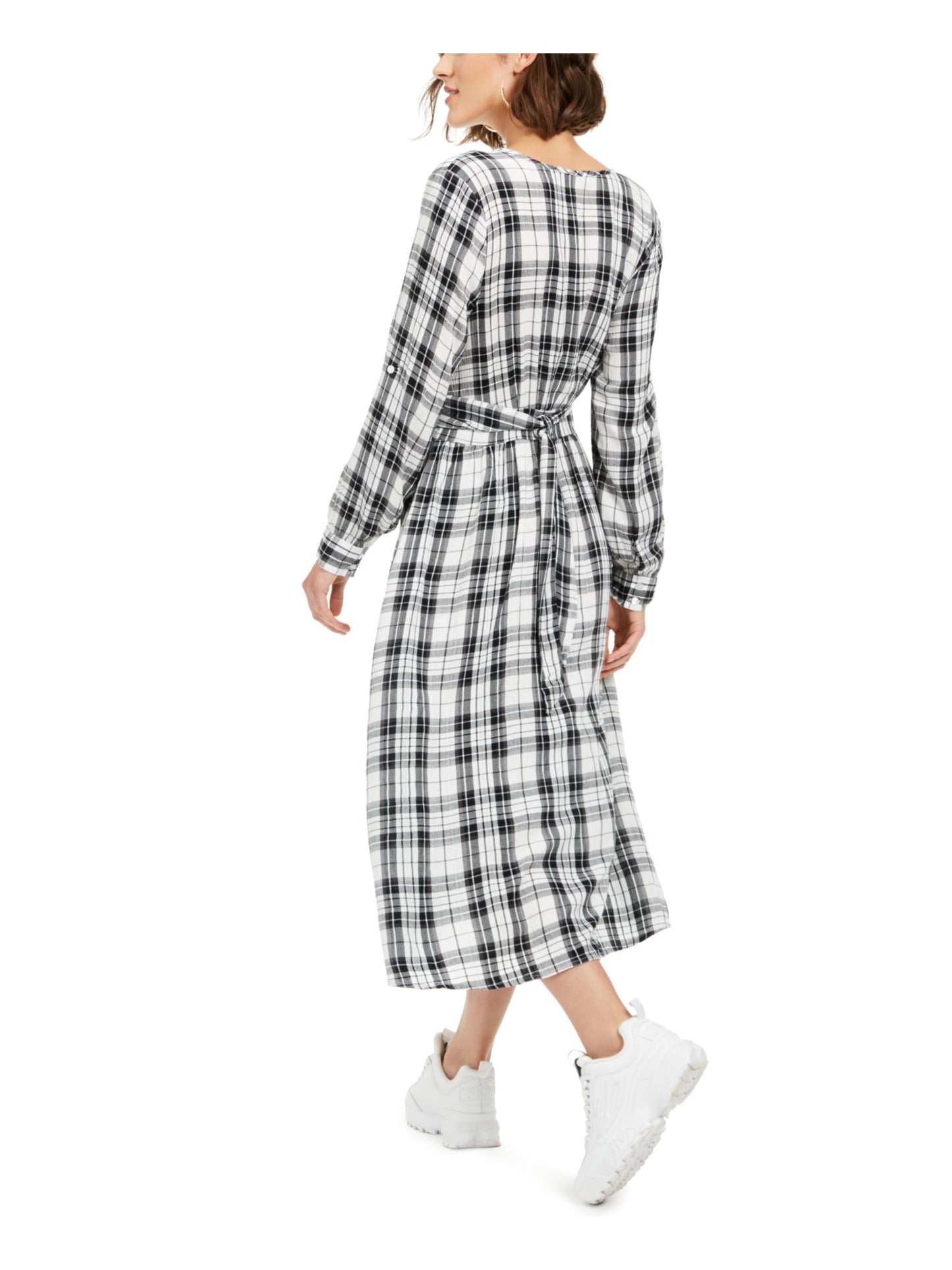 American Rag Women's  Windowpane Plaid Long Sleeve with Buttons Maxi Shirt Dress Dress  White Size Small