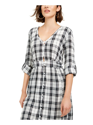 American Rag Women's  Windowpane Plaid Long Sleeve with Buttons Maxi Shirt Dress Dress  White Size Small