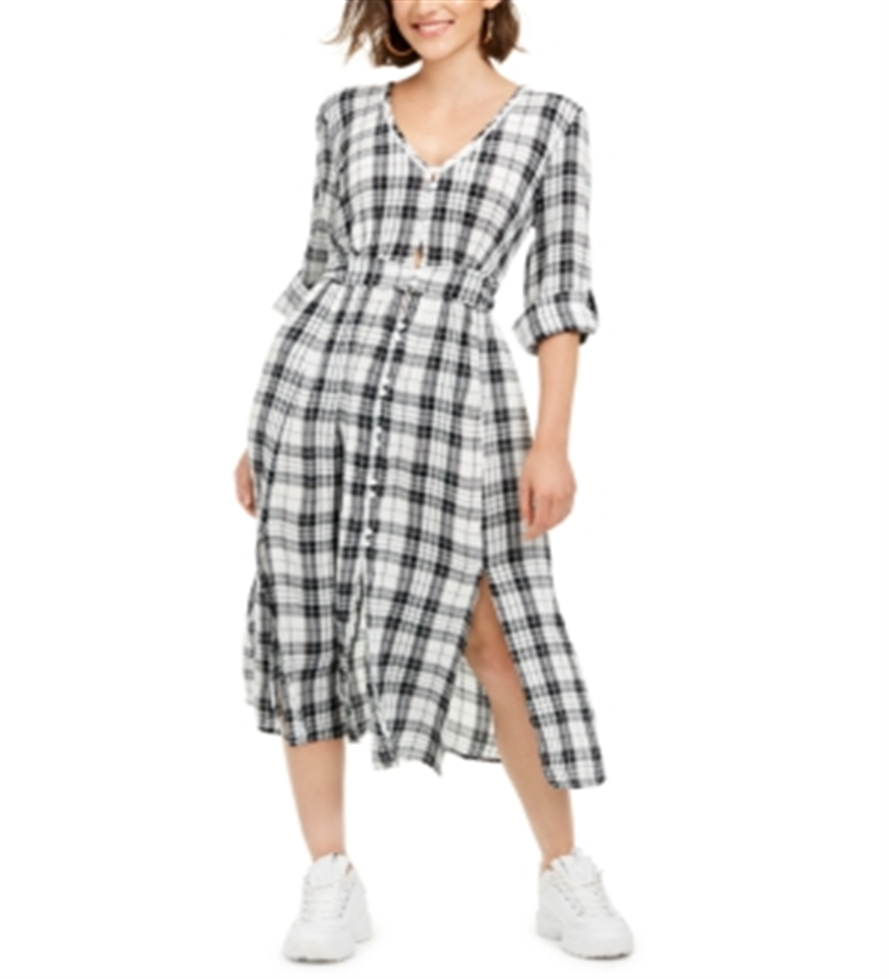 American Rag Women's  Windowpane Plaid Long Sleeve with Buttons Maxi Shirt Dress Dress  White Size Small