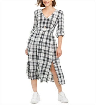American Rag Women's  Windowpane Plaid Long Sleeve with Buttons Maxi Shirt Dress Dress  White Size Small