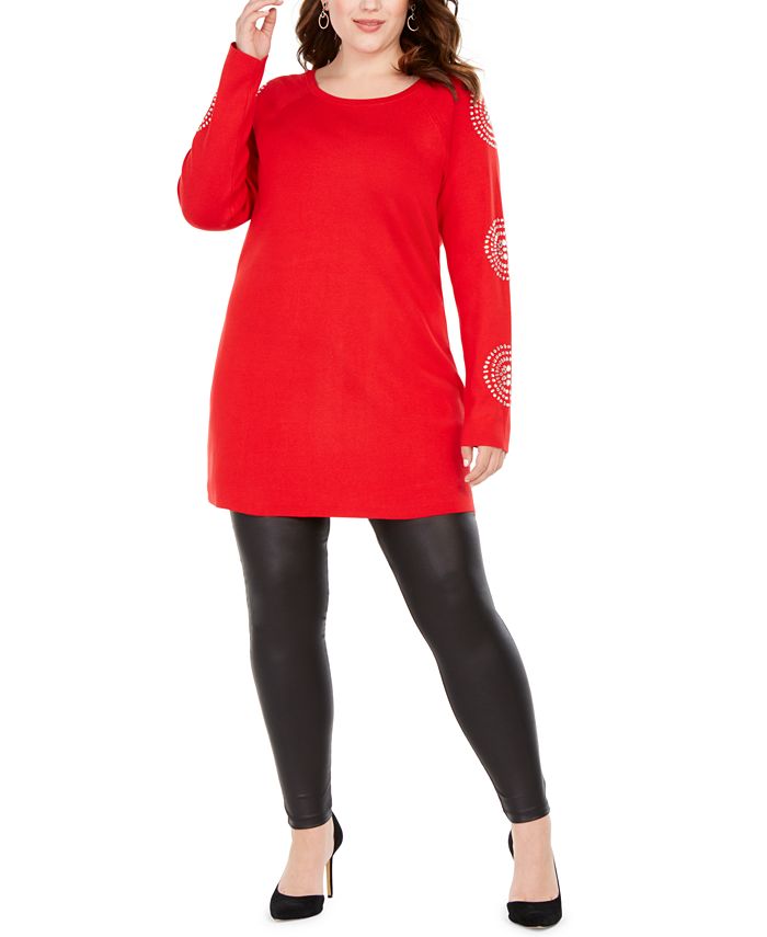 INC International Concepts Women's Plus Rhinestone Tunic Real Red Size 0X