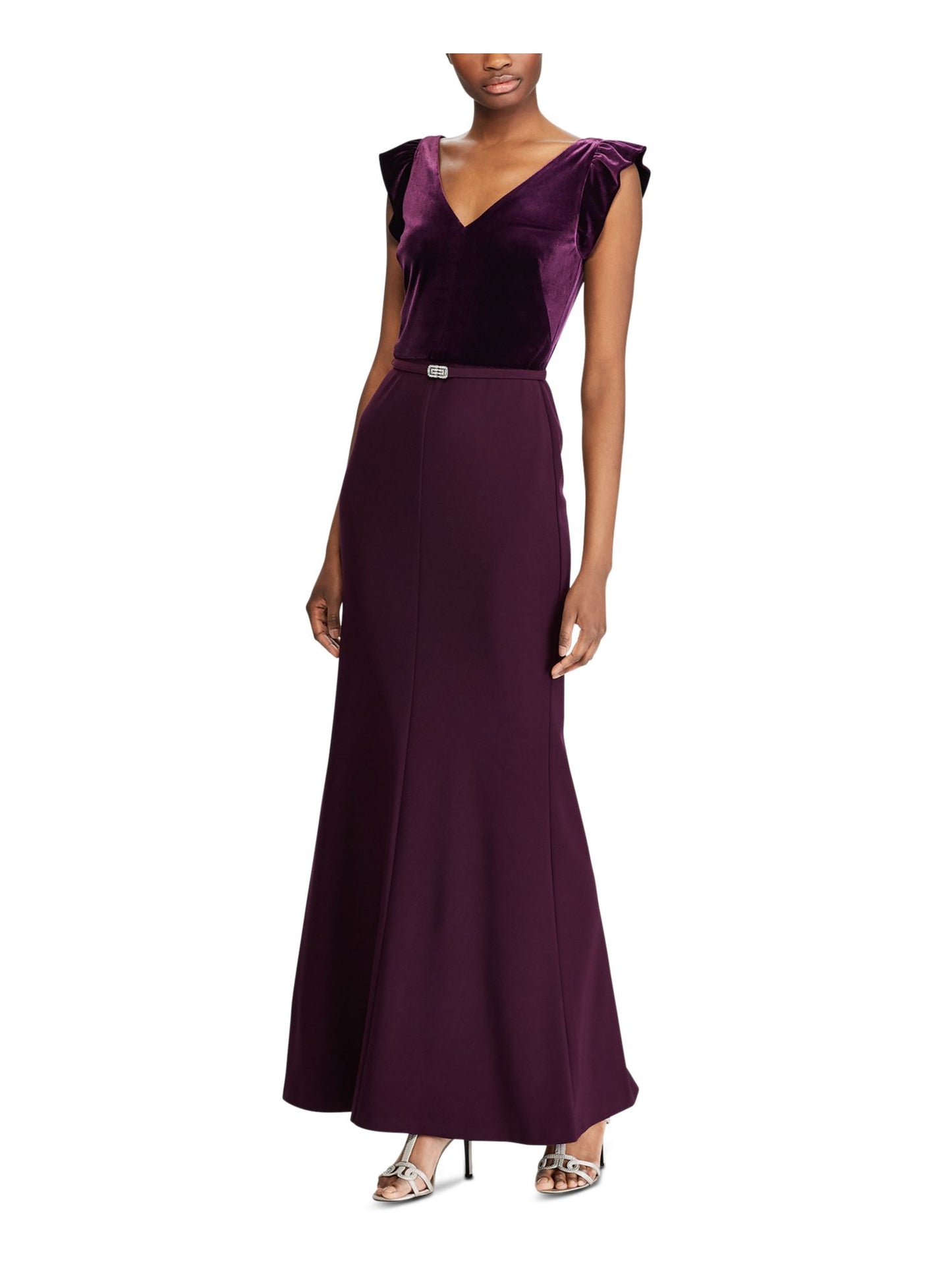 Ralph Lauren Women's Velvet Short Sleeve V Neck Full Length Fit Flare Formal Dress Purple Size 18