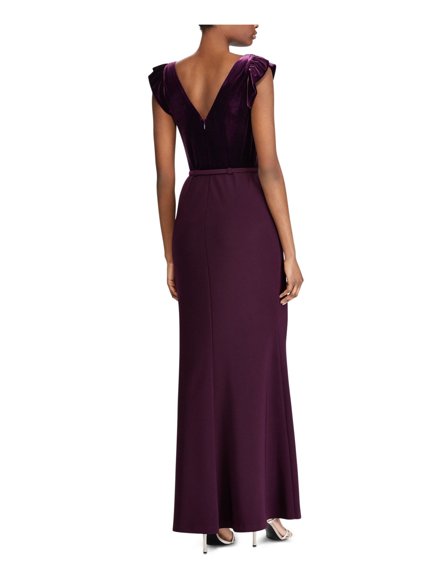 Ralph Lauren Women's Velvet Short Sleeve V Neck Full Length Fit Flare Formal Dress Purple Size 18