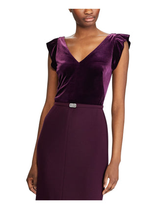 Ralph Lauren Women's Velvet Short Sleeve V Neck Full Length Fit Flare Formal Dress Purple Size 18