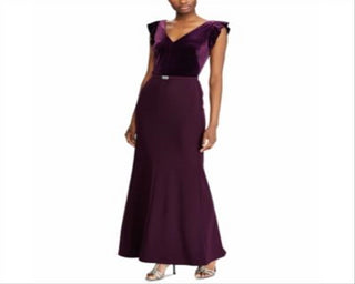 Ralph Lauren Women's Velvet Short Sleeve V Neck Full Length Fit Flare Formal Dress Purple Size 18