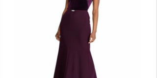 Ralph Lauren Women's Velvet Short Sleeve V Neck Full Length Fit Flare Formal Dress Purple Size 18