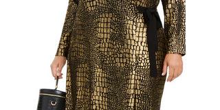 INC Women's Plus Snake Print Metallic Wrap Dress Gold -Black  Size 3X