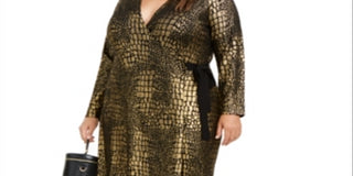 INC Women's Plus Snake Print Metallic Wrap Dress Gold -Black  Size 3X