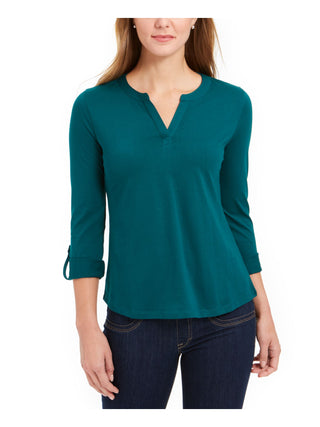 Charter Club Women's Supima Cotton Split-Neck Top  Balsam Green Size Small