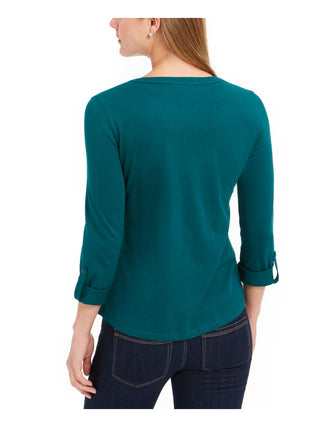 Charter Club Women's Supima Cotton Split-Neck Top  Balsam Green Size Small