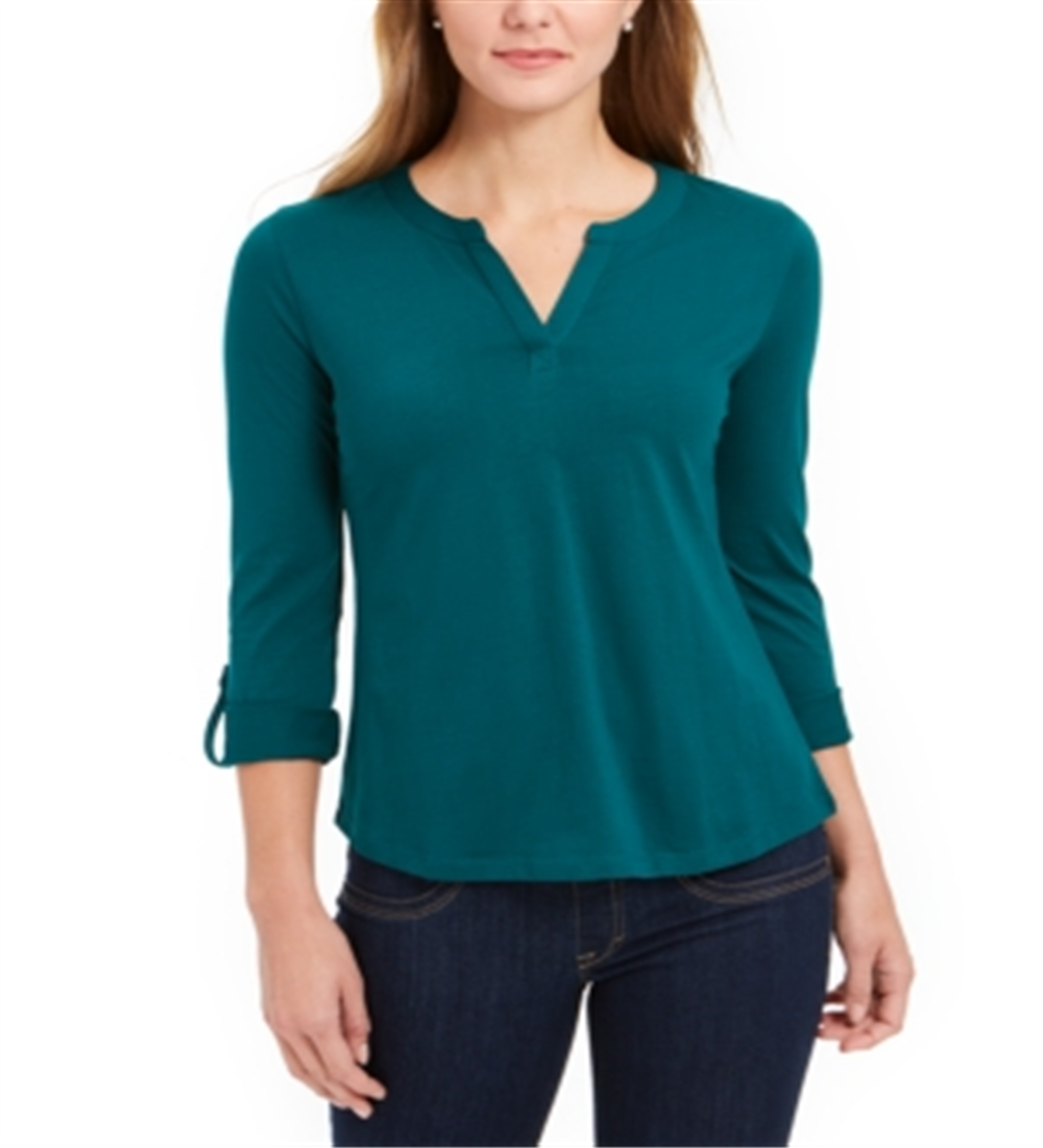 Charter Club Women's Supima Cotton Split-Neck Top  Balsam Green Size Small