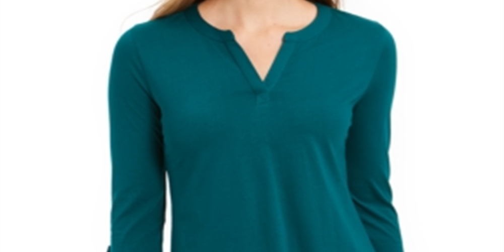 Charter Club Women's Supima Cotton Split-Neck Top  Balsam Green Size Small
