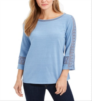 Charter Club Women's Crochet Sleeve Top Blue Size Petite L