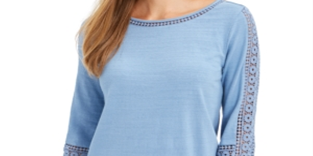Charter Club Women's Crochet Sleeve Top Blue Size Petite L