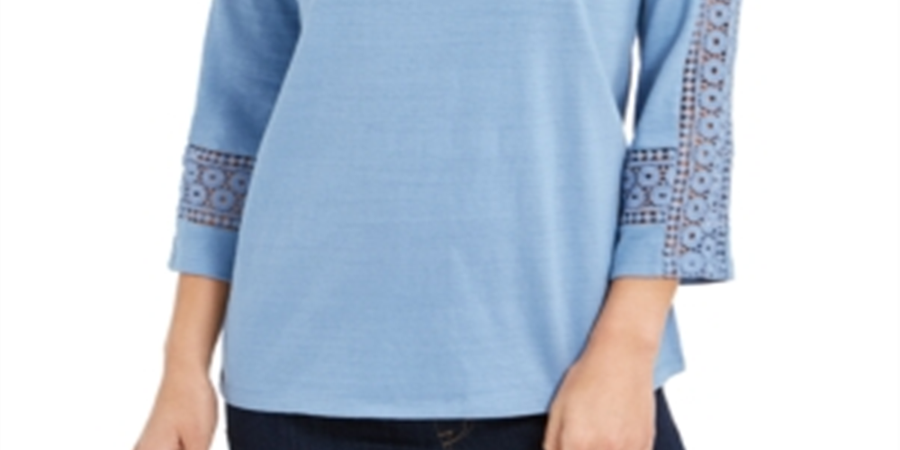 Charter Club Women's Crochet Sleeve Top Blue Size Petite L