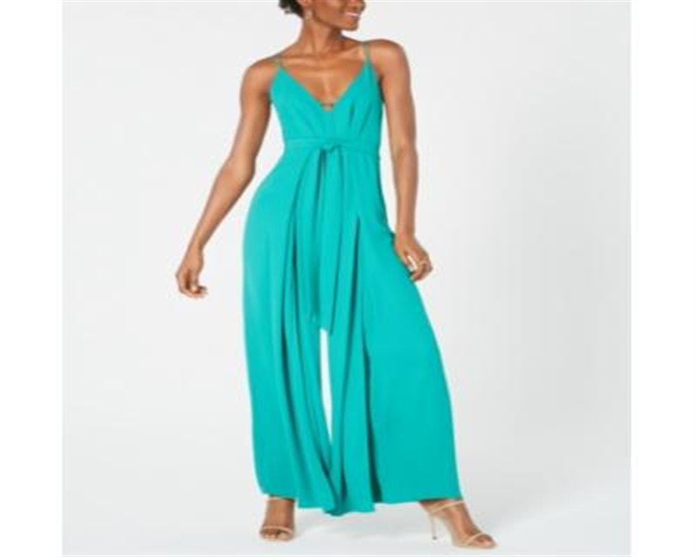 AVEC LES FILLES Women's  Tie Zippered Slit-leg Spaghetti Strap V Neck Wide Leg Party Jumpsuit Green Size 8