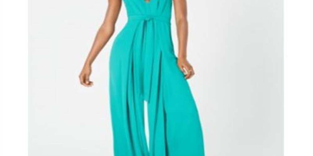 AVEC LES FILLES Women's  Tie Zippered Slit-leg Spaghetti Strap V Neck Wide Leg Party Jumpsuit Green Size 8