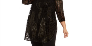 Alfani Women's Plus Size Flocked Metallic Tun Black Stone Scrolls 0X