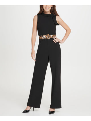 DKNY Women's Tie Neck Leopard Belt Jumpsuit Black Size 16