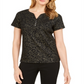 Karen Scott Women's  Glitter-Print Henley Top  Black Size XL