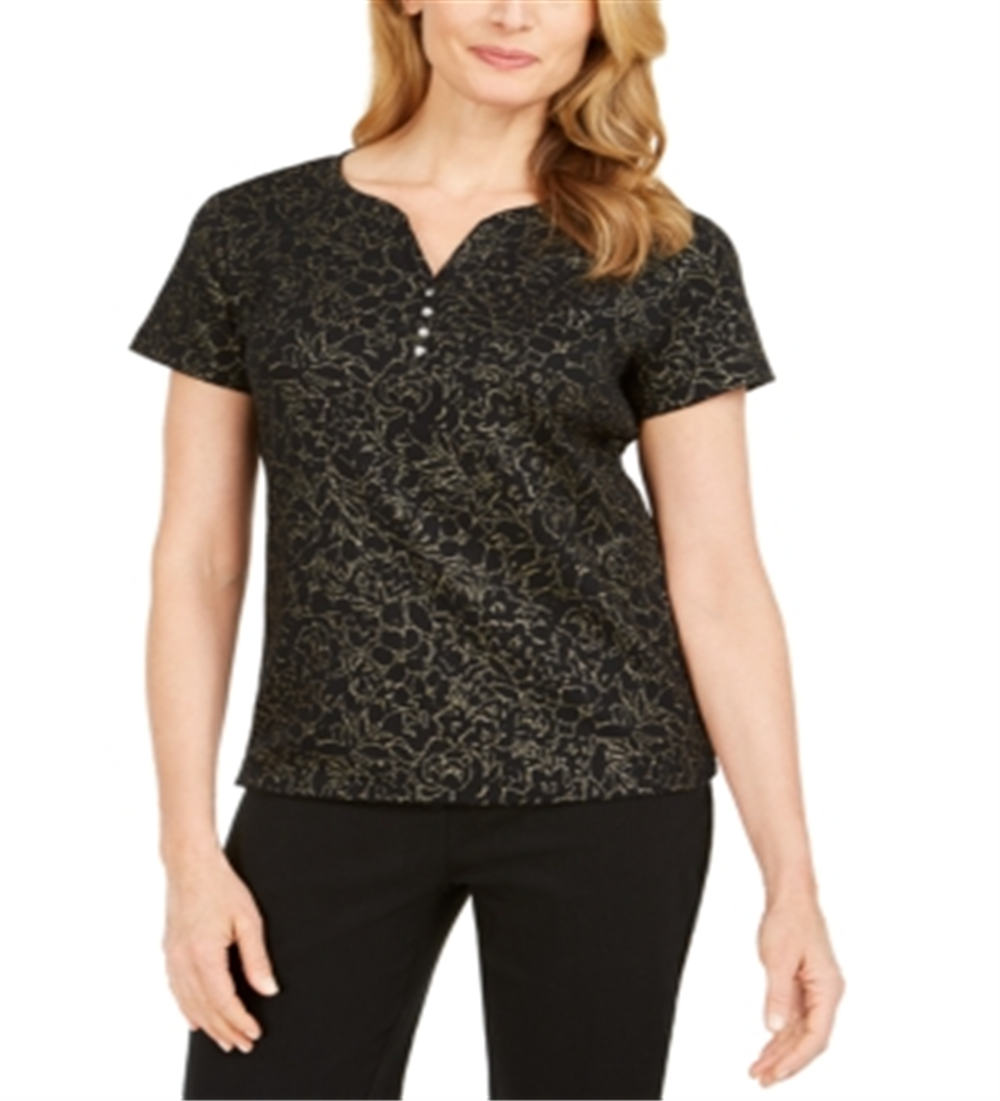 Karen Scott Women's  Glitter-Print Henley Top  Black Size XL