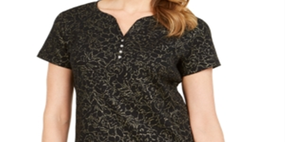 Karen Scott Women's  Glitter-Print Henley Top  Black Size XL