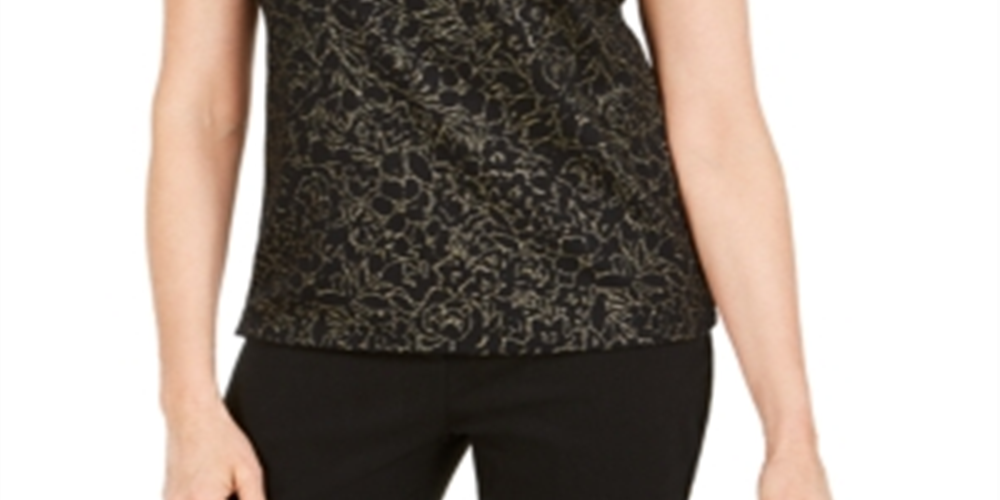 Karen Scott Women's  Glitter-Print Henley Top  Black Size XL