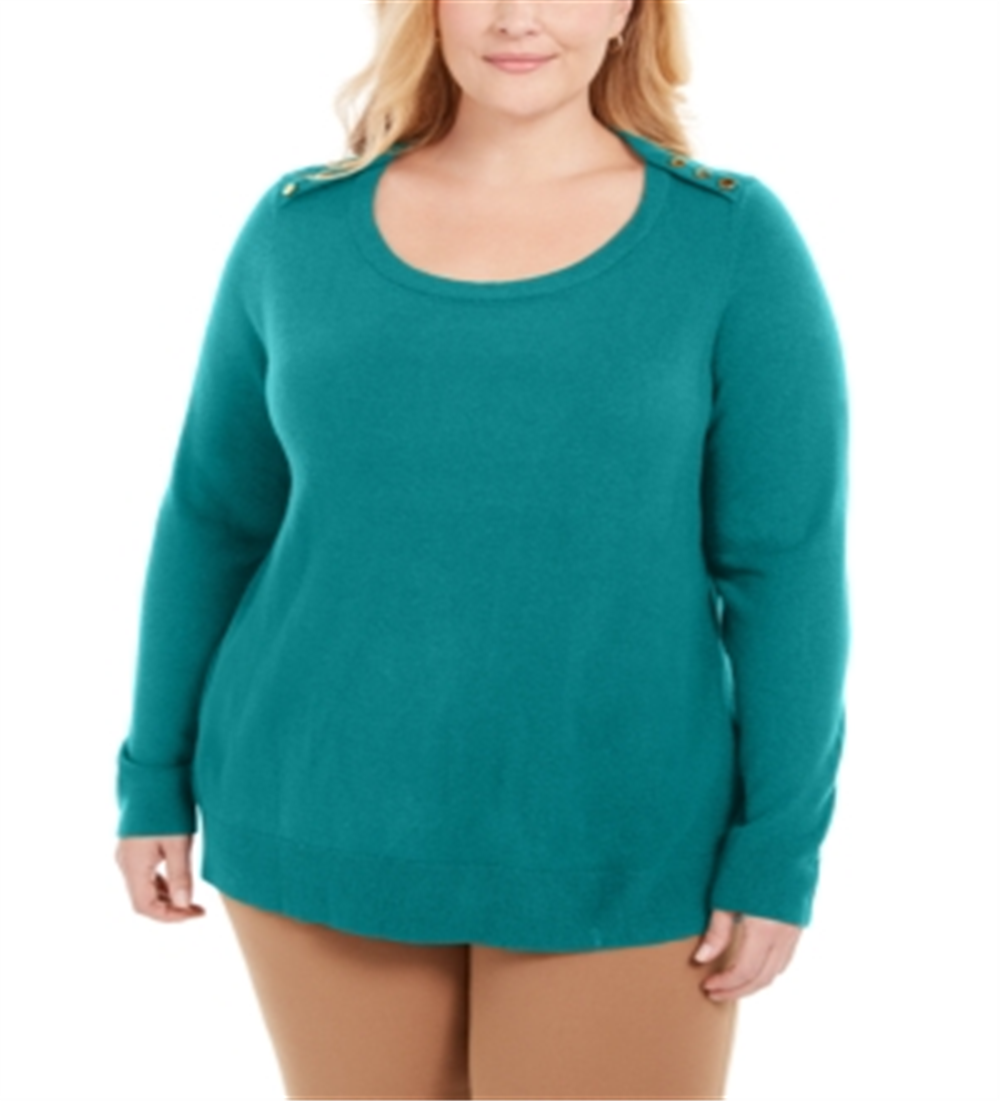Karen Scott Women's Plus Button-Shoulder Sweater Green Size -0X