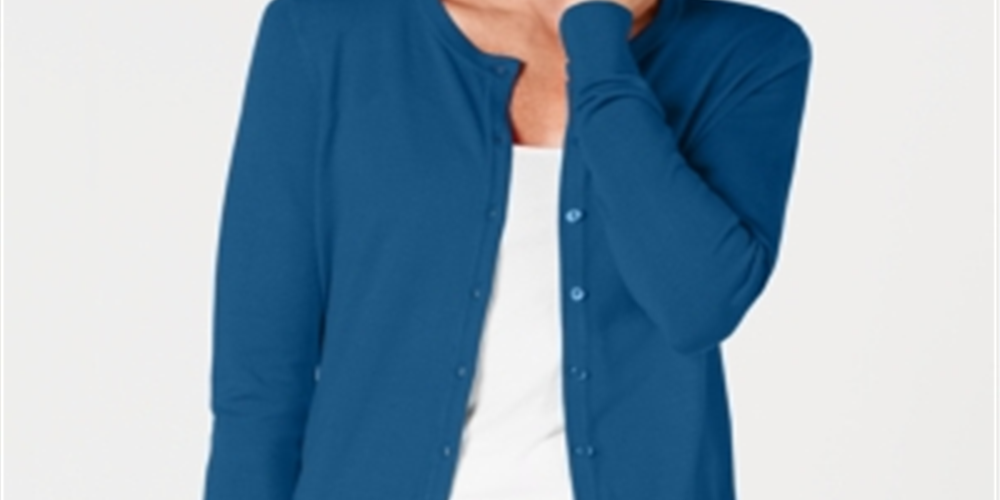 Charter Club Women's Long Sleeve Button Front Cardigan Blue Size Large