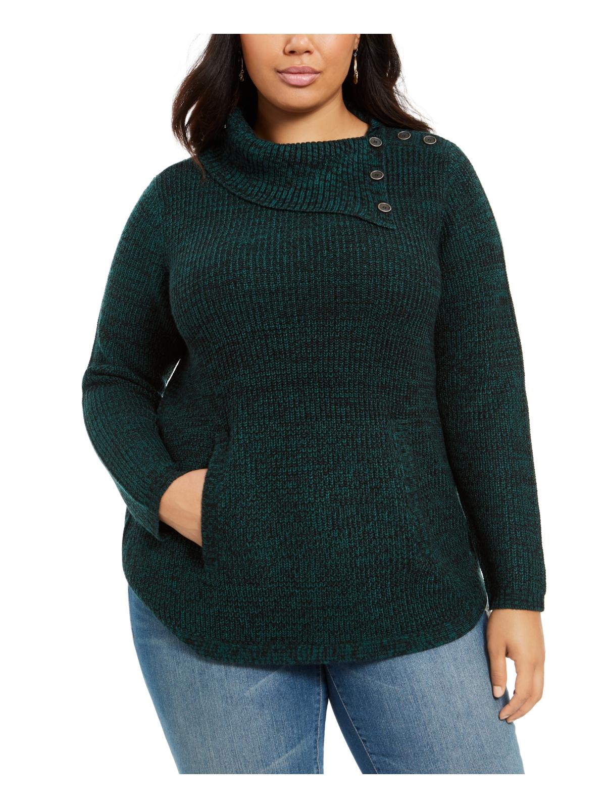 Style & Co. Women's Plus Kangaroo Pocket Button Trim Pullover Sweater Green Size 0X