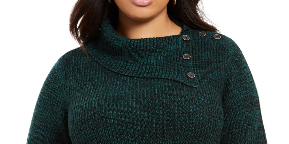 Style & Co. Women's Plus Kangaroo Pocket Button Trim Pullover Sweater Green Size 0X