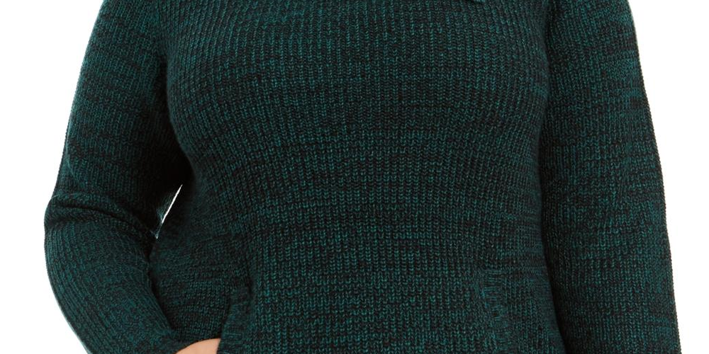 Style & Co. Women's Plus Kangaroo Pocket Button Trim Pullover Sweater Green Size 0X