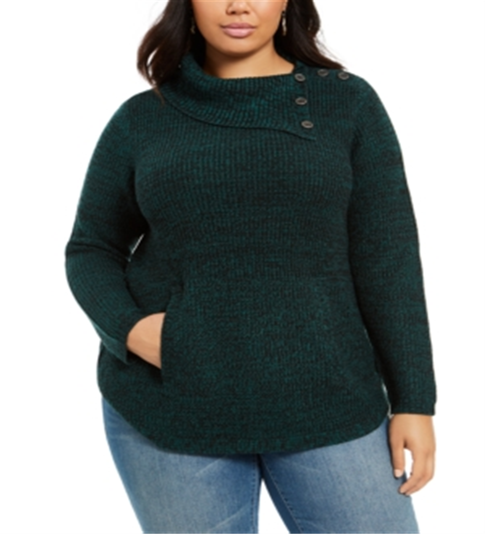 Style & Co. Women's Plus Kangaroo Pocket Button Trim Pullover Sweater Green Size 0X