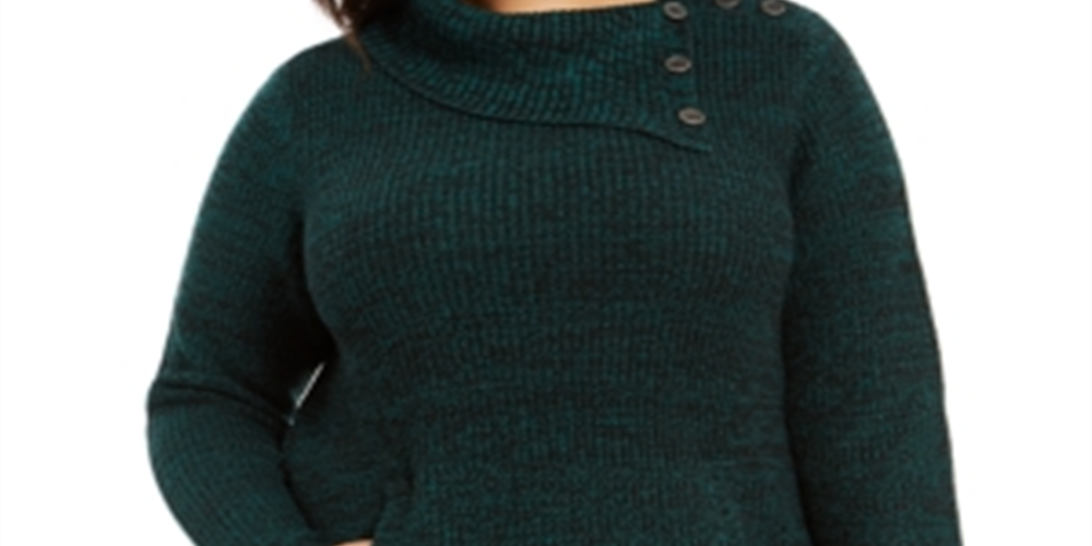 Style & Co. Women's Plus Kangaroo Pocket Button Trim Pullover Sweater Green Size 0X