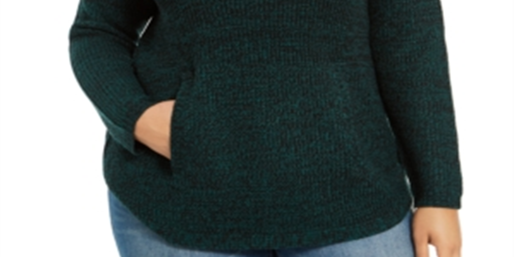 Style & Co. Women's Plus Kangaroo Pocket Button Trim Pullover Sweater Green Size 0X