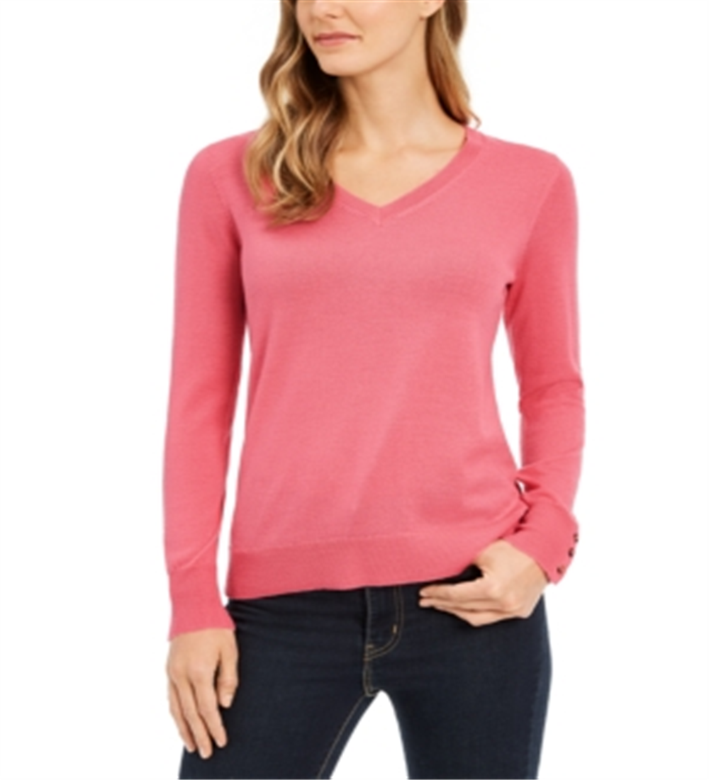 Charter Club Women's Merino Wool Button Cuff V Neck Sweater Pink Size X-Small
