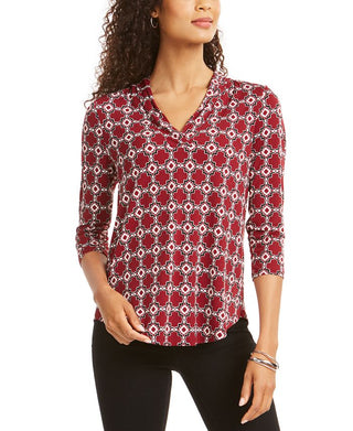 Charter Club Printed Pleat-Shoulder Top Red Size 2XL