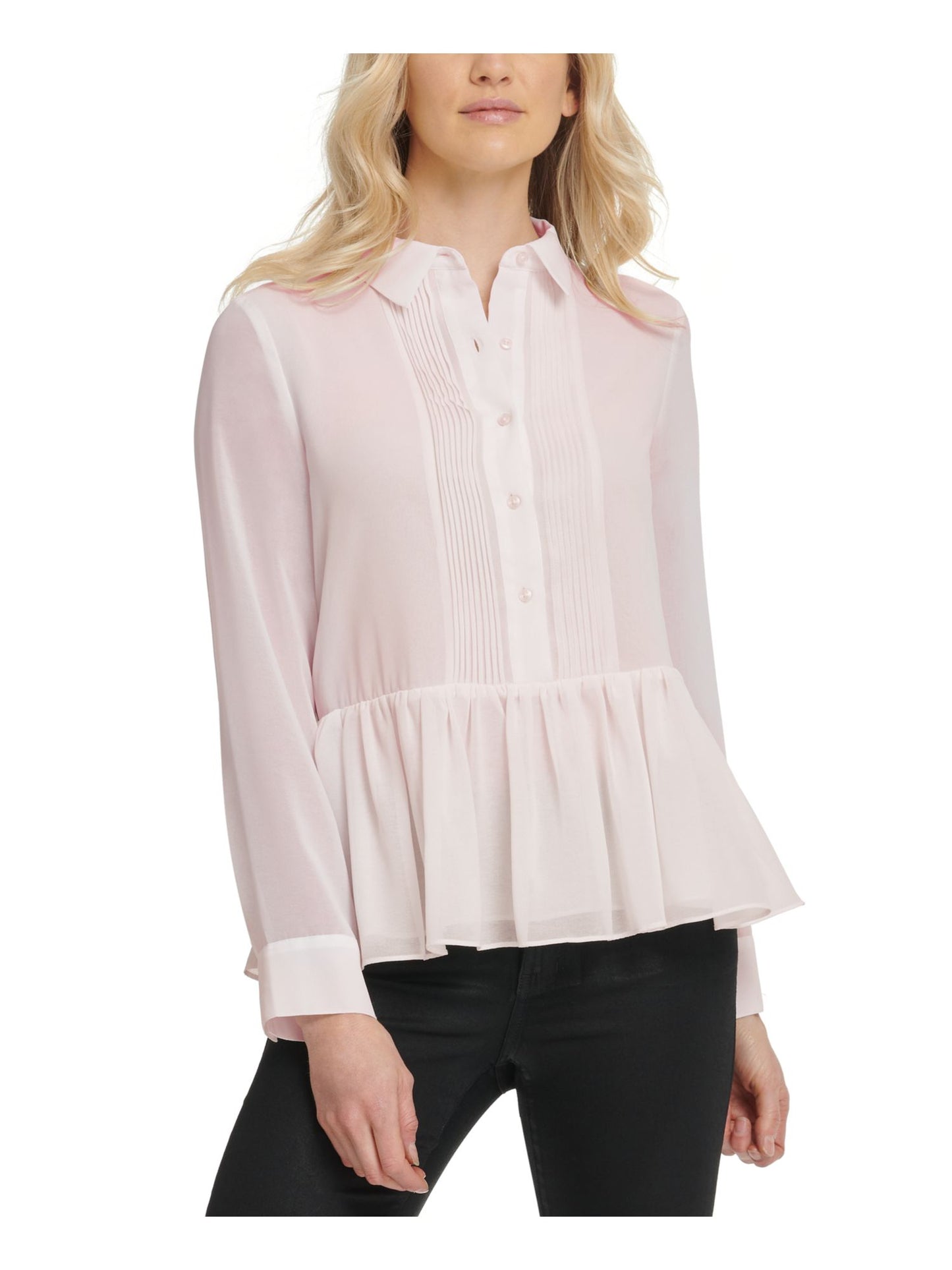 DKNY Women's  Button up Long Sleeve Collared Pink Top L