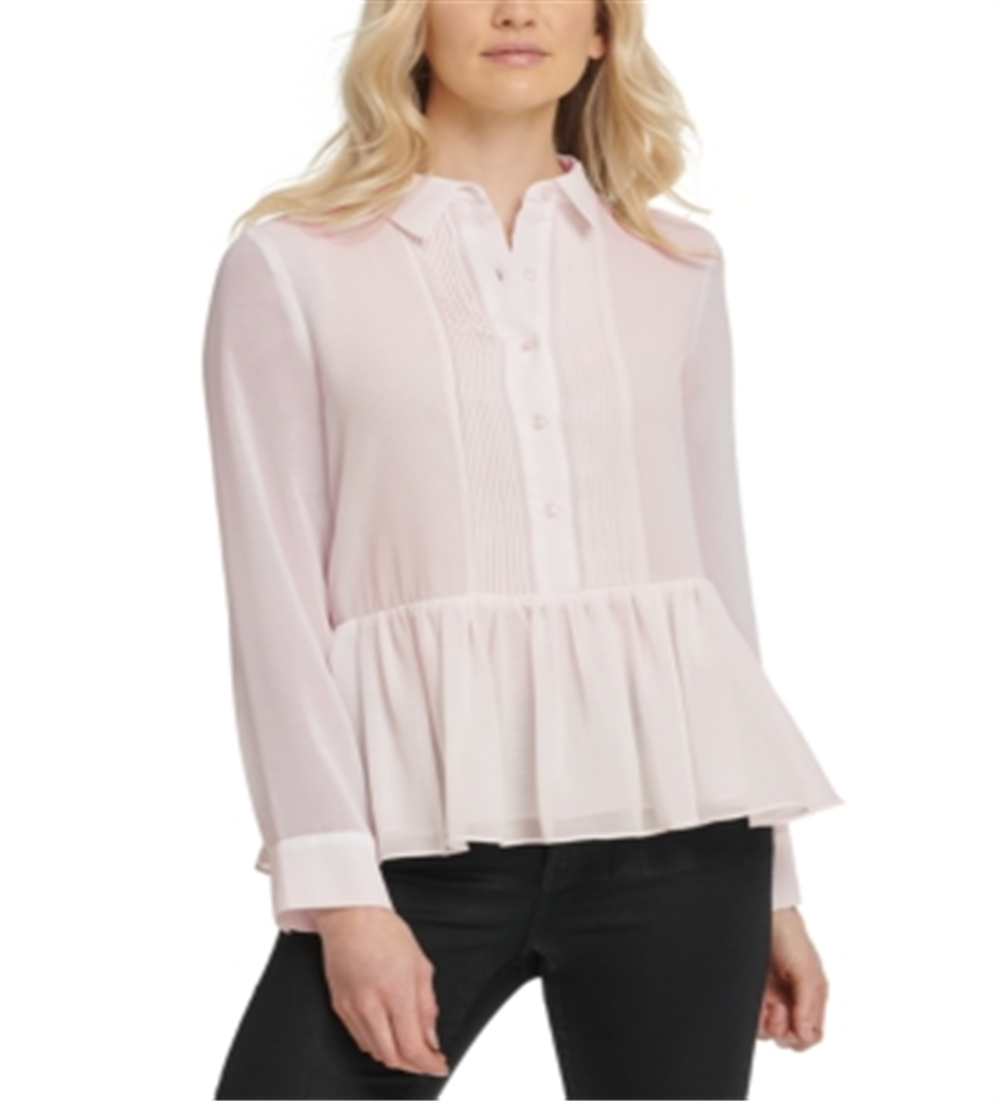 DKNY Women's  Button up Long Sleeve Collared Pink Top L
