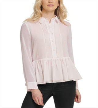 DKNY Women's  Button up Long Sleeve Collared Pink Top L