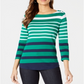 Charter Club Women's Pima Cotton Button Shoulder Stripe Top Green Size Medium