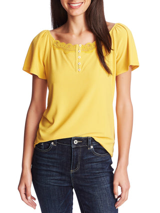 CeCe Women's Lace Short Sleeve Boat Neck Top Yellow Size X-Large
